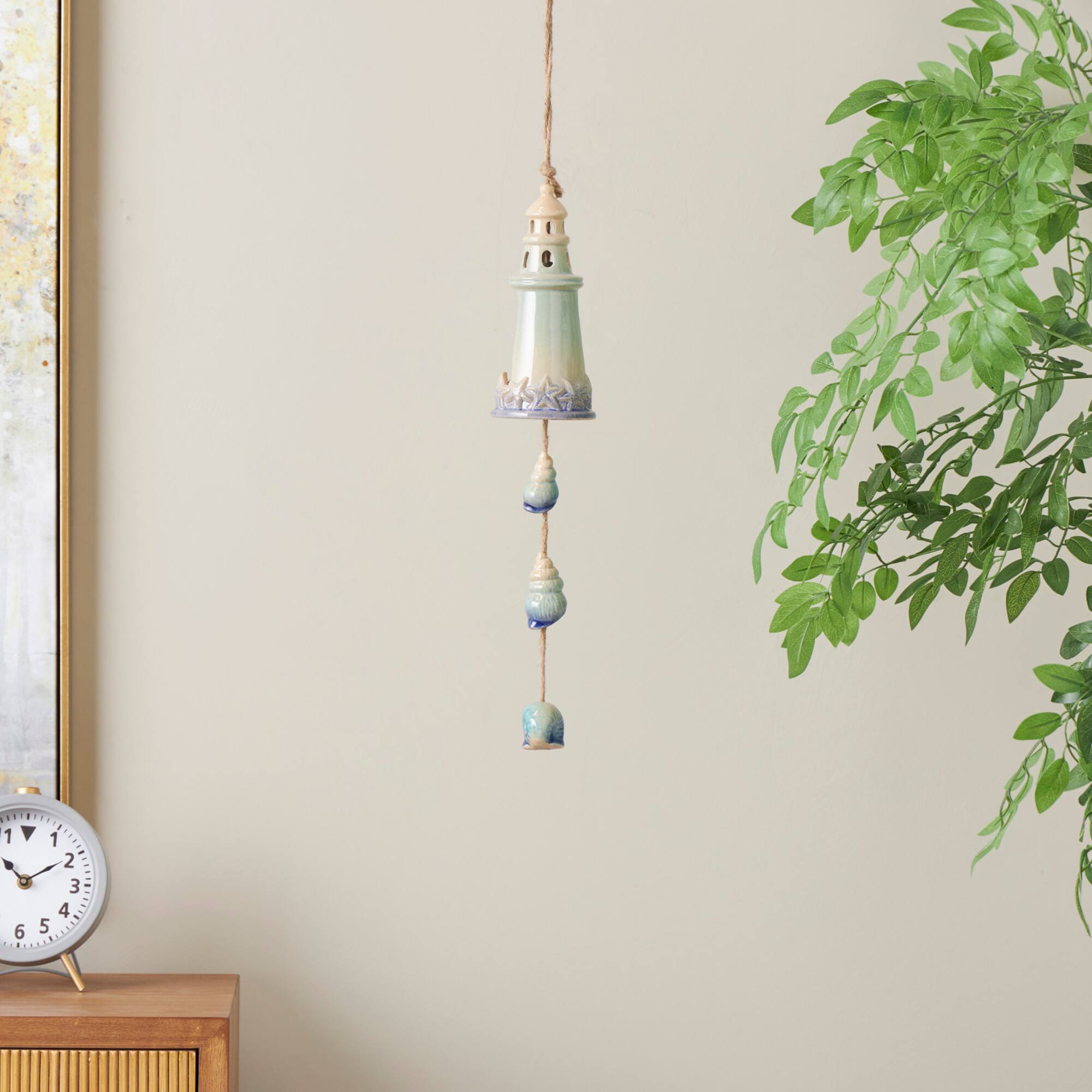 23" Blue Ceramic Light House Ombre Windchime with Shell & Starfish Accents